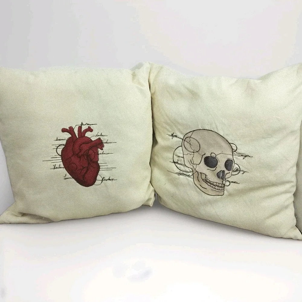 Set Of 2 Machine Embroidered Spooky Halloween Pillows Anatomical Heart And Skull